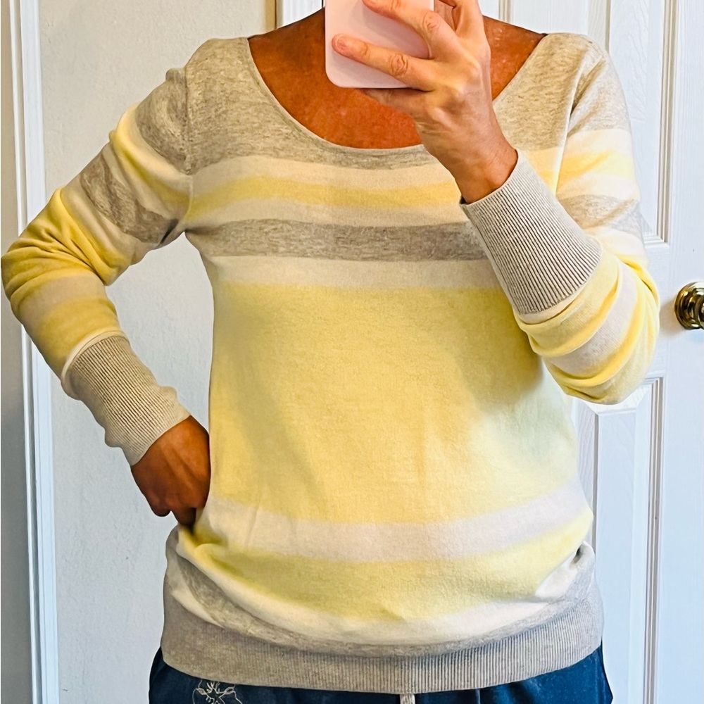 Gap boatneck sweater.  Yellow, gray, and white.  Size M. Great condition